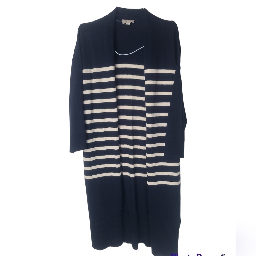 LOFT Navy Blue White Stripe Long Open Front Cardigan Size Medium